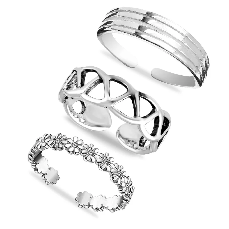 Simple rings with polished black onyx shine -925 Sterling Silver Cutwork Flower Design Hawaiian Leaf Open Adjustable Band Toe Rings for Women Set of 3 Pcs