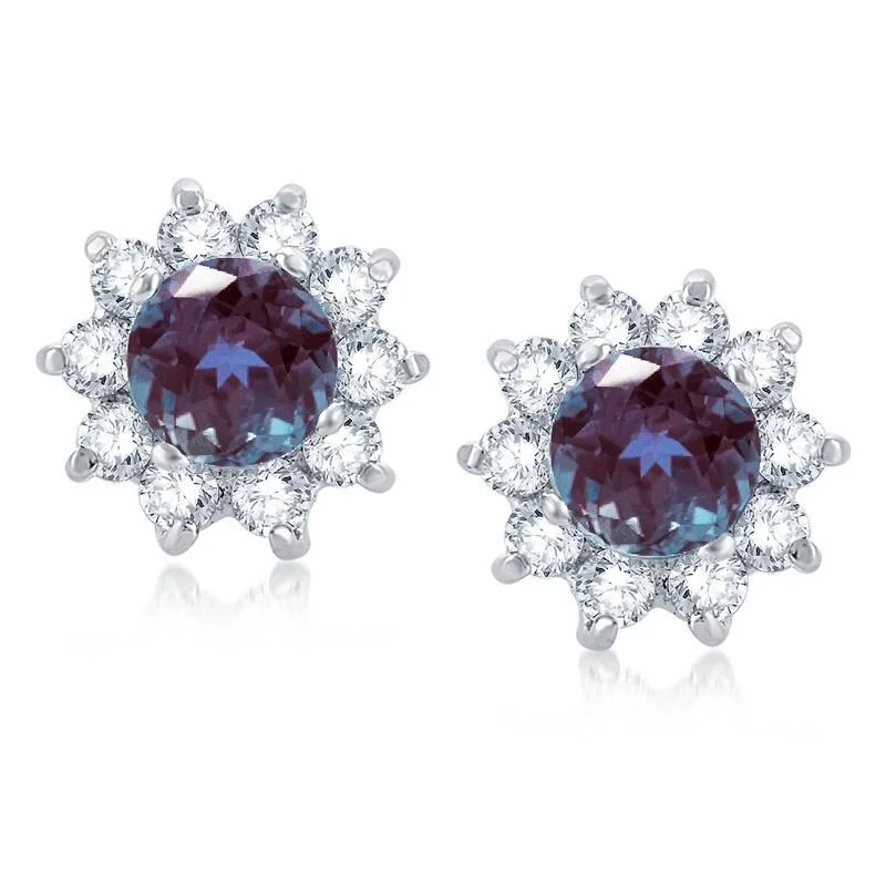 Rings with raw topaz for icy charm -Sterling Silver Alexandrite, White Topaz Flower Stud Earring