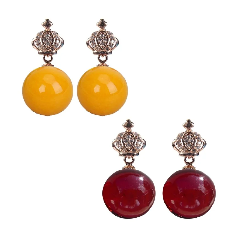 Rings with aquamarine stones for ocean charm -Set of Two Gold Plated Red and Yellow Circular Amber Earring with Cubic Zirconia