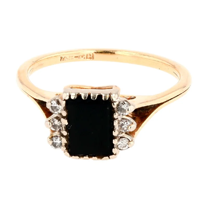 Rings with crescent moon for lunar charm -14K Gold Rectangular Inlay Black Stone with Small Diamond Accents Cocktail Ring