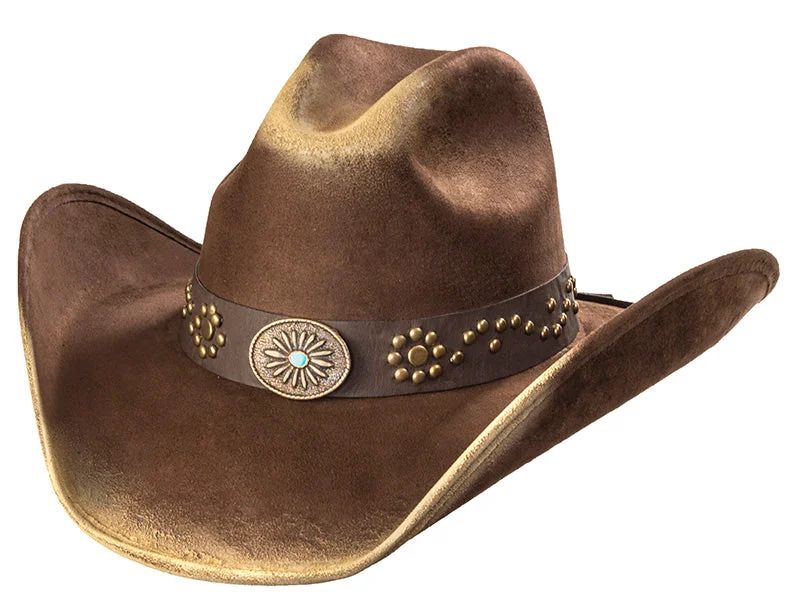 Premium snapback cap with flat bill design -Western Express CL-98 Suede Like Hat - Sunburst Concho - Brown & Camel