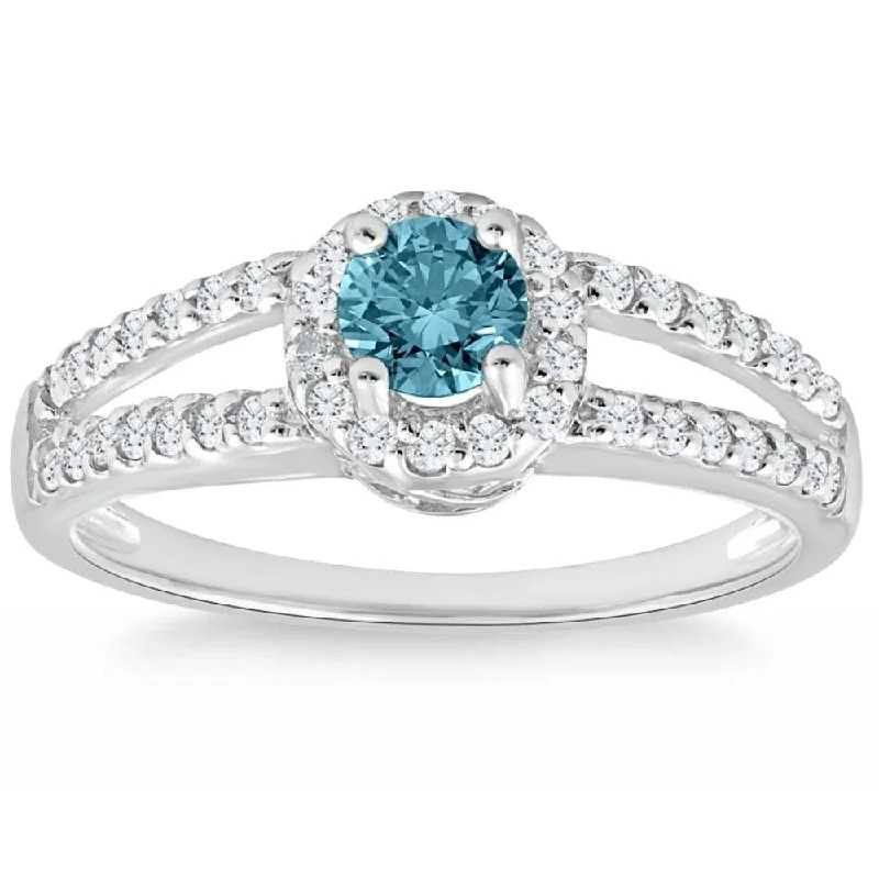 Rings with raw topaz for icy charm -3/4ct Halo Split Shank Treated Blue Diamond Engagement Ring White Gold