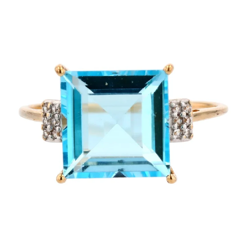 Rings with natural amber for warm glow -14K Gold Square Step Cut Blue Stone Solitaire With Diamond Pave Accents Ring