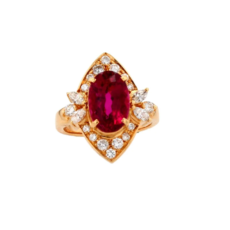 Rings with rough sapphire for rugged chic -18K Gold Oval Rubellite With Round And Marquise Diamond Accents Ring