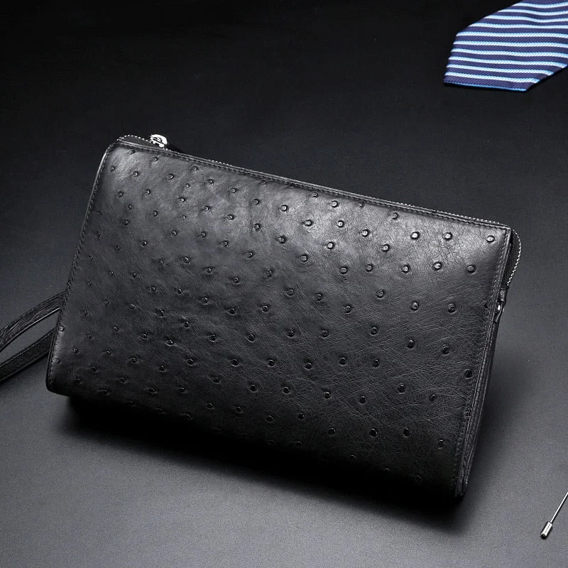 Men's Business Style Luxury Ostrich Genuine Leather Handy Clutch Bag