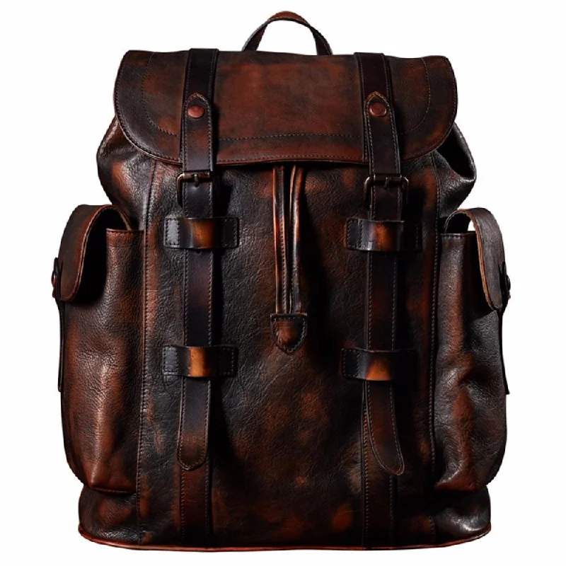 Men's Luxury Cow Leather Dark Brown Military Style Travel Backpack Bag