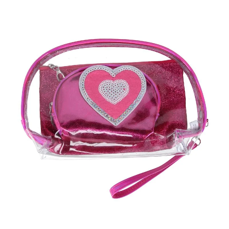 CTM® Women's 3 Piece Metallic Heart Cosmetic Bag Set