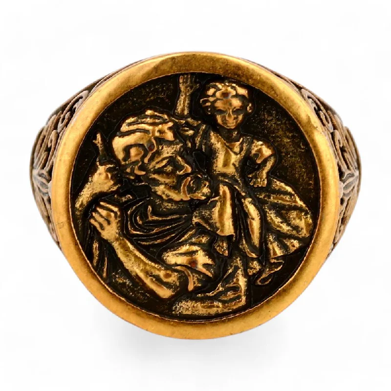 Rings with spiral designs for eye-catching twist -18K Gold Plated St. Christopher Signet Ring