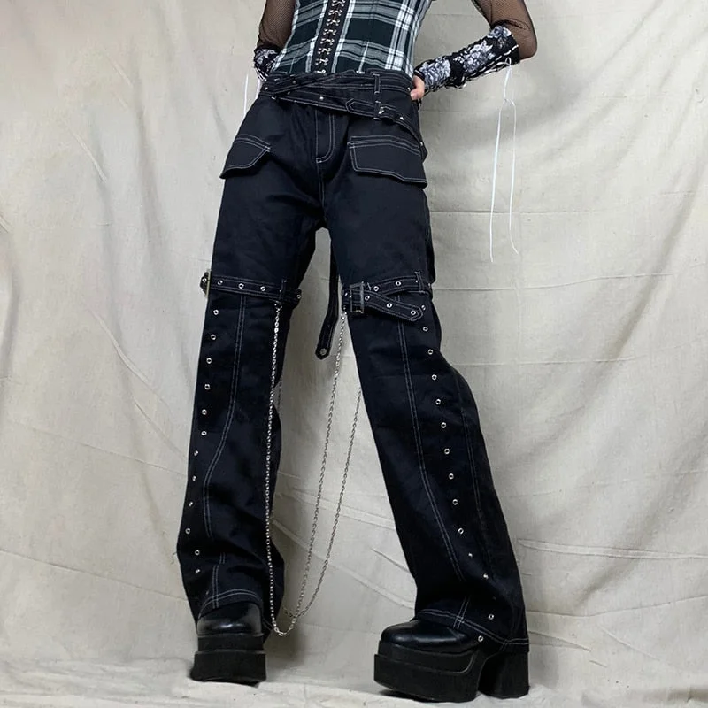 Streetwear Punk Style Belted Baggy Jeans Cargo Pants for Women