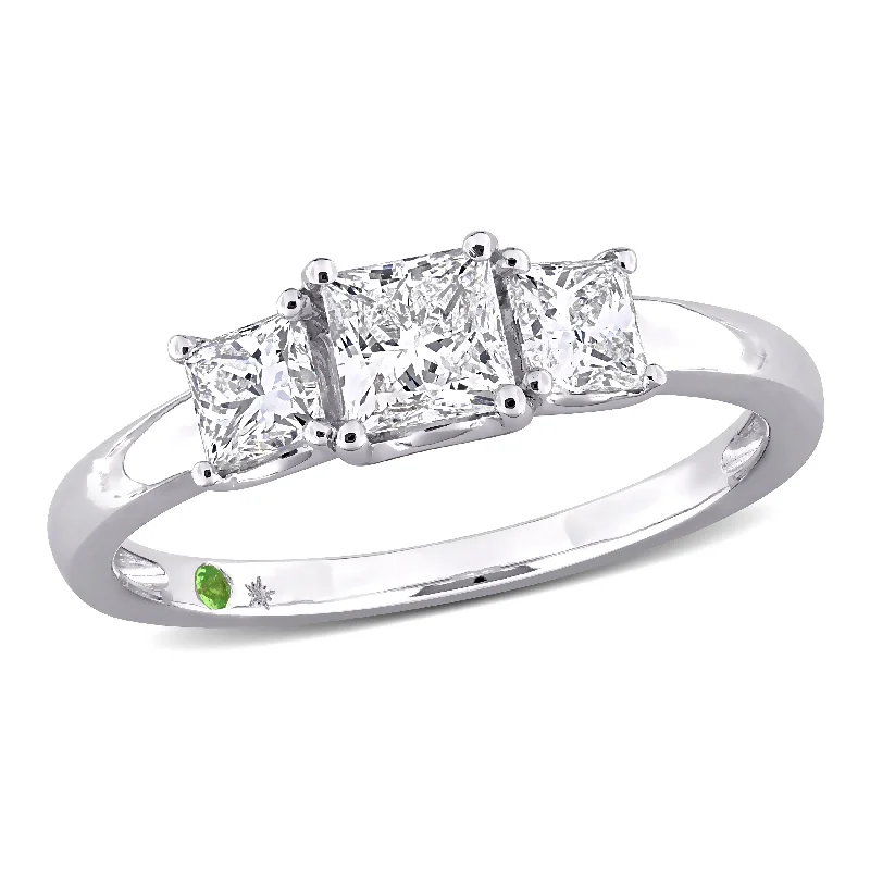 Rings with channel-set turquoise for color -Created Forever by Miadora 1ct TDW Princess-Cut Lab-Grown Diamond and Tsavorite Accent Three-Stone Ring in 14k White Gold