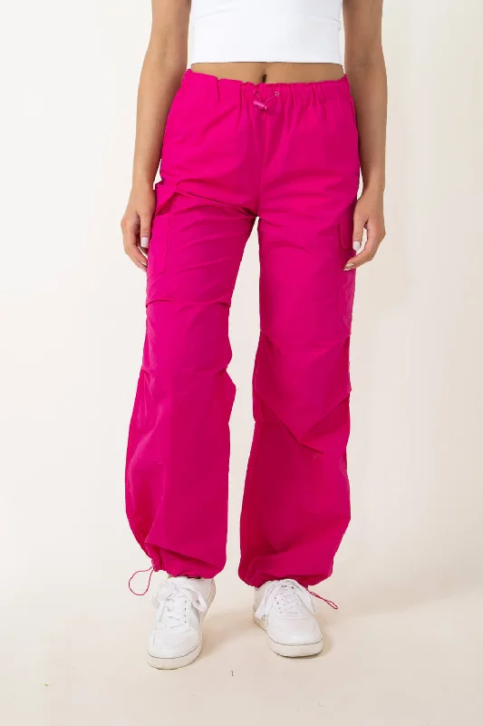 Love Tree Nylon Cargo Baggy Parachute Pants for Women in Pink | 6866PN-MAGENTA