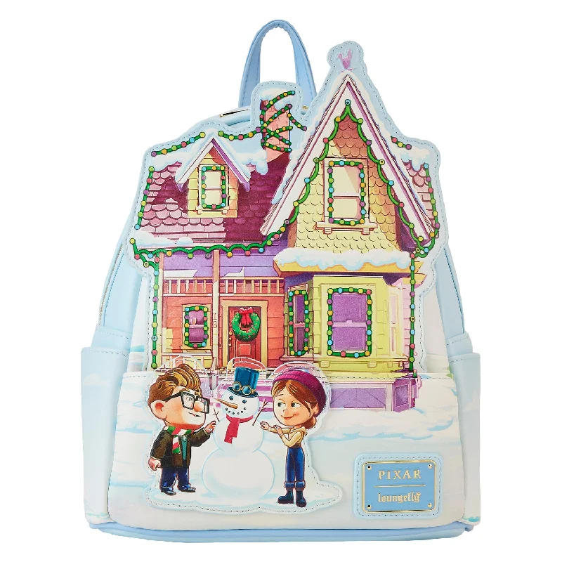 Retro canvas backpack with leather strap details -Loungefly Disney Pixar Up House Holiday Light Up Mini Backpack