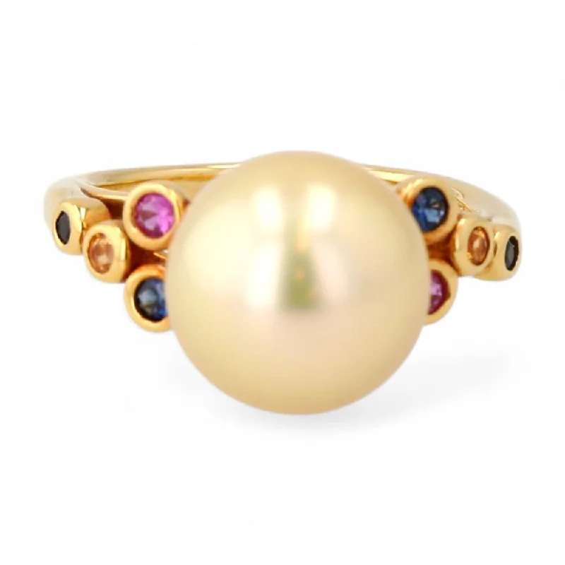 Rings with vintage claw prongs for elegance -18K Gold Multi-Sapphire With Golden South Sea Pearl Cocktail Ring