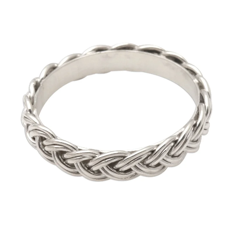 Chunky rings with hammered gold band texture -Novica Handmade Amlapura Braid Sterling Silver Band Ring