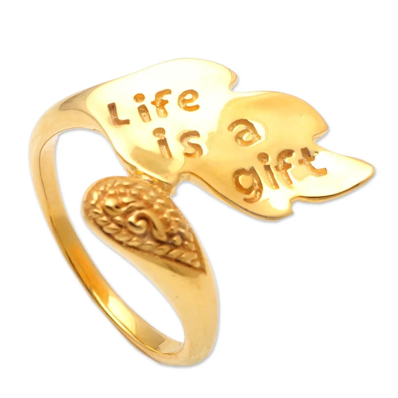 Rings with coral stones for vibrant pop -Novica Handmade Life Is A Gift Gold-Plated Wrap Ring