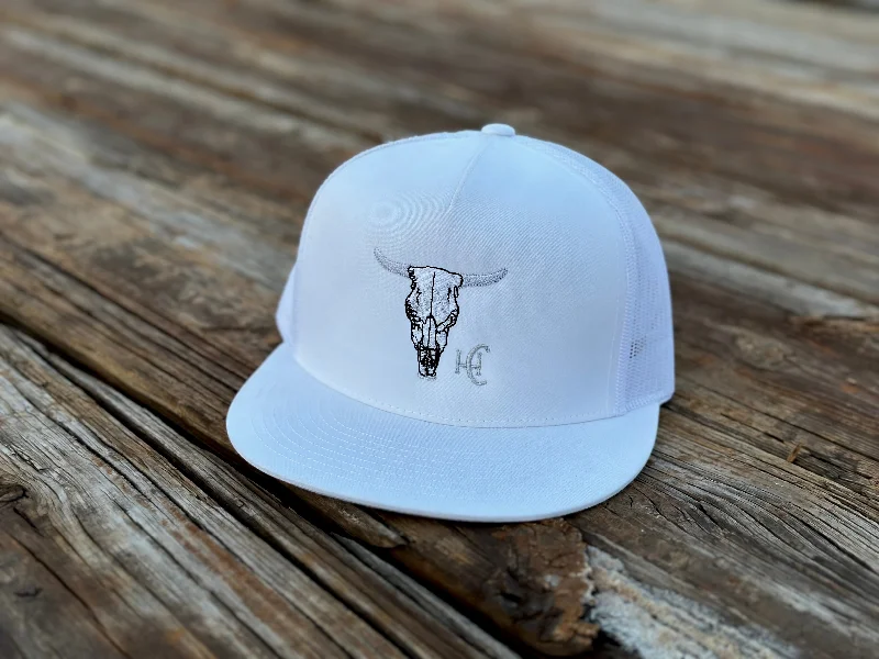 Premium leather cap with stitched logo detail -Cow Skull Flat Bill White