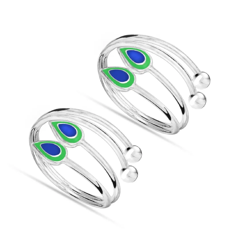 Rings with aquamarine stones for ocean charm -925 Sterling Silver Enamel Peacock Feather Toe Ring Pair for Women