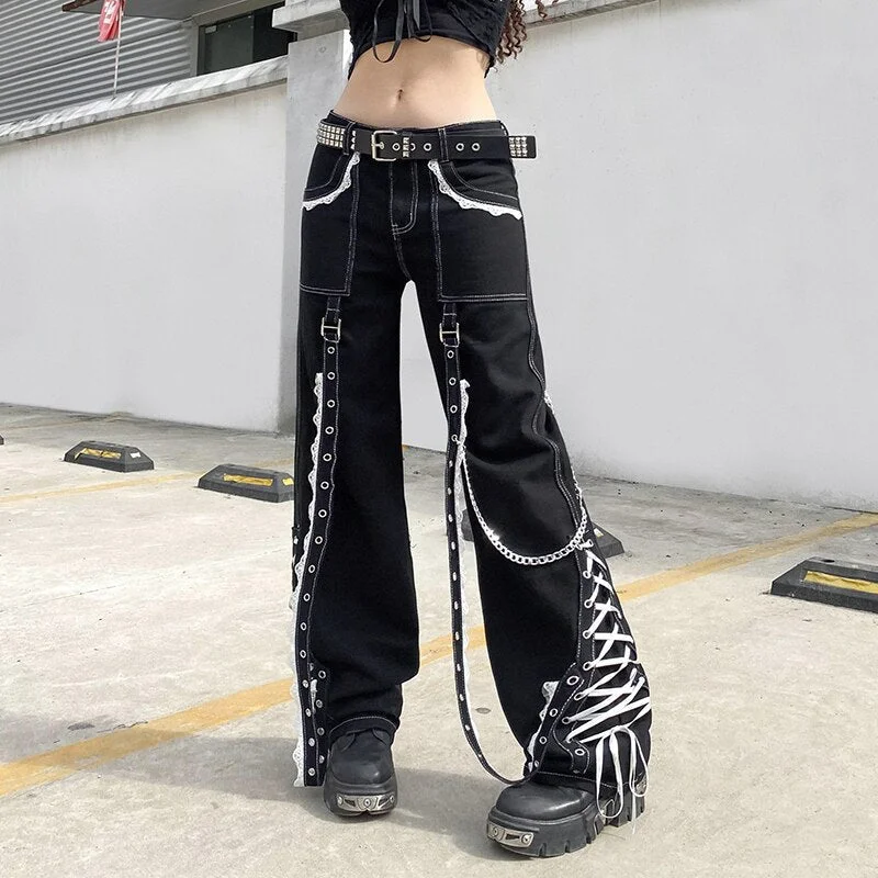 Women's Streetwear Punk Style Dark Academia Lace Patchwork Baggy Pants