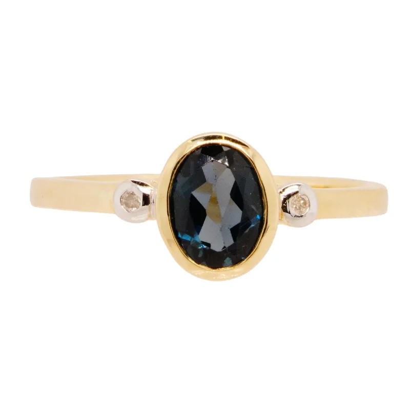 Dainty rings with subtle engraved star motifs -10K Gold Bezel Set London Blue Topaz With Side Diamonds Ring