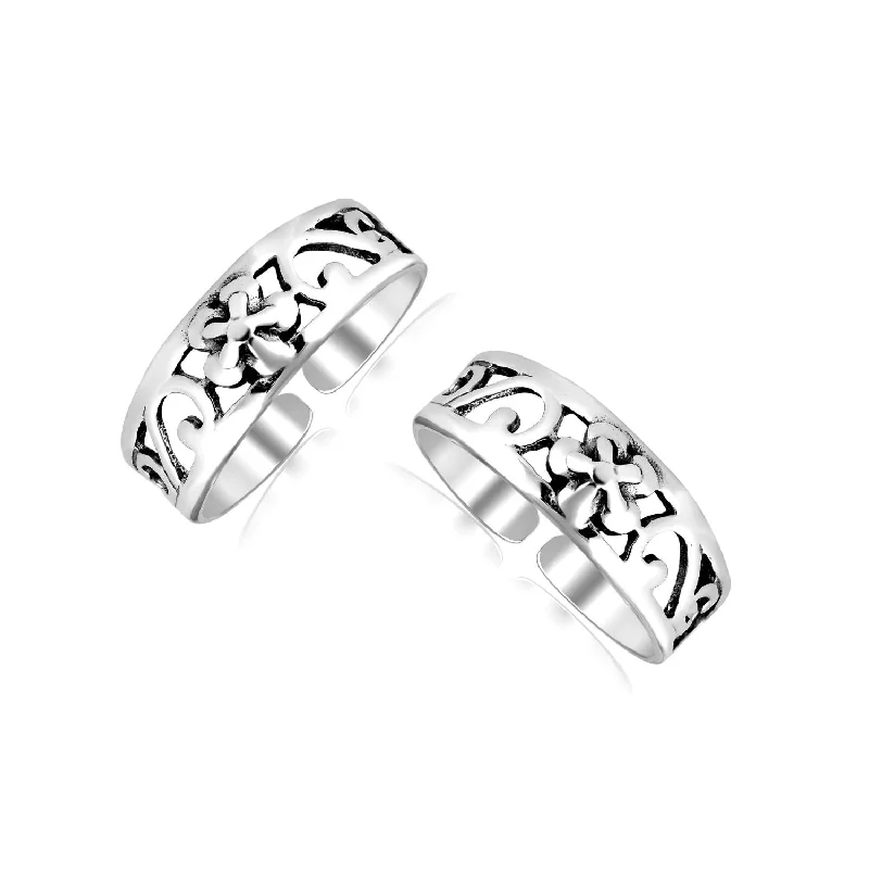 Rings with double bands for modern twist -925 Sterling Silver Cutwork Antique Toe Ring For Women