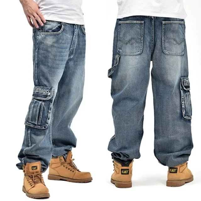 Plus Size Men's Hip Hop Designer Style Side Pockets Baggy Jeans Pants