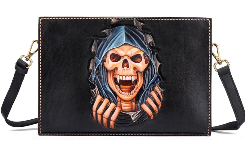 Men's Hand-carved Skull Vegetable Tanned Leather Shoulder Bag