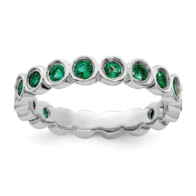 Rings with matte gold for subtle luxury -Curata 925 Sterling Silver Bezel Polished Patterned Stackable Expressions Created Emerald Ring