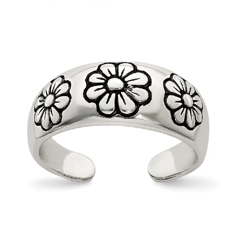 Rings with spiral designs for eye-catching twist -Floral Toe Ring in Antiqued, Sterling Silver