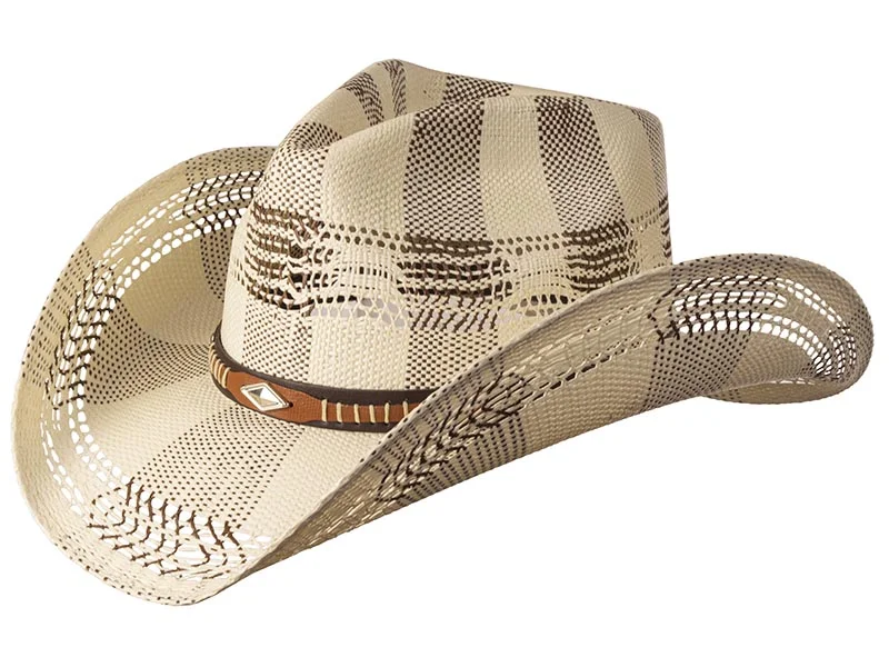 Minimal snapback cap for clean urban style -Western Express LIN-101 Straw Hat - Diamond Concho - Ivory & Brown Weave