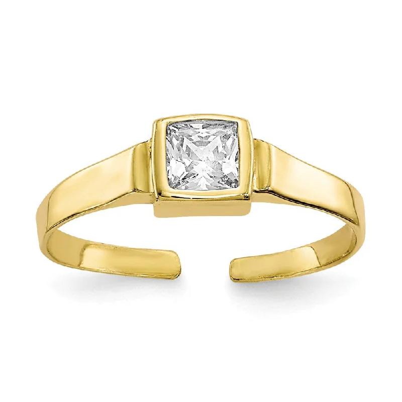 Rings with polished jade for smooth calm -Square Cubic Zirconia Solitaire Toe Ring in 10 Karat Yellow Gold