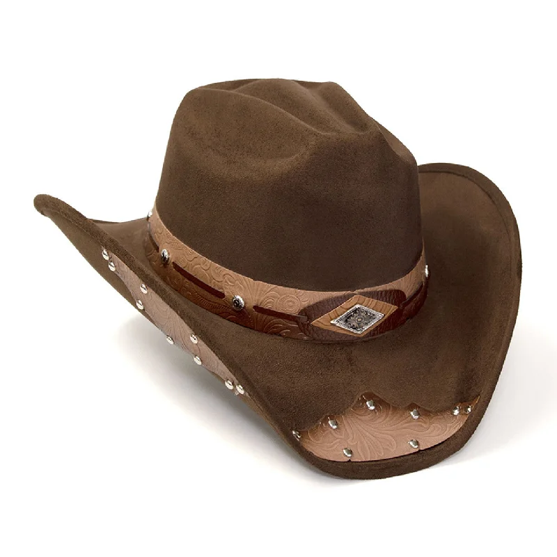 Classic black cap for versatile outfit pairing -Western Express  CL-99 Brown Suede Finish Western Hat with Tooled Hat Band & Leather Sides