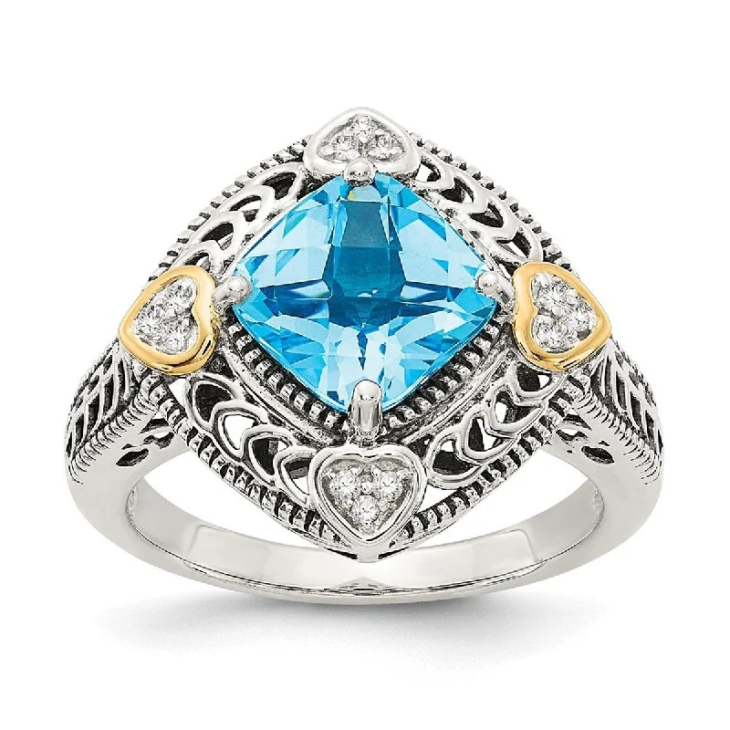 Rings with rough opal for organic shine -Curata 925 Sterling Silver Polished Prong set With 14k Diamond and Blue Topaz Ring