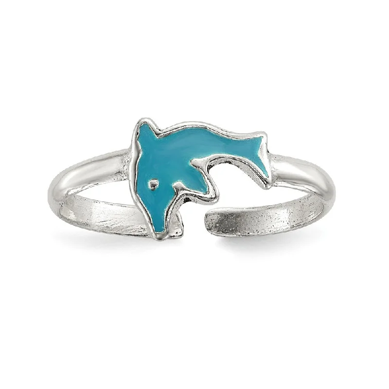 Rings with blue quartz for cool tones -Sterling Silver Blue Enameled Dolphin Toe Ring