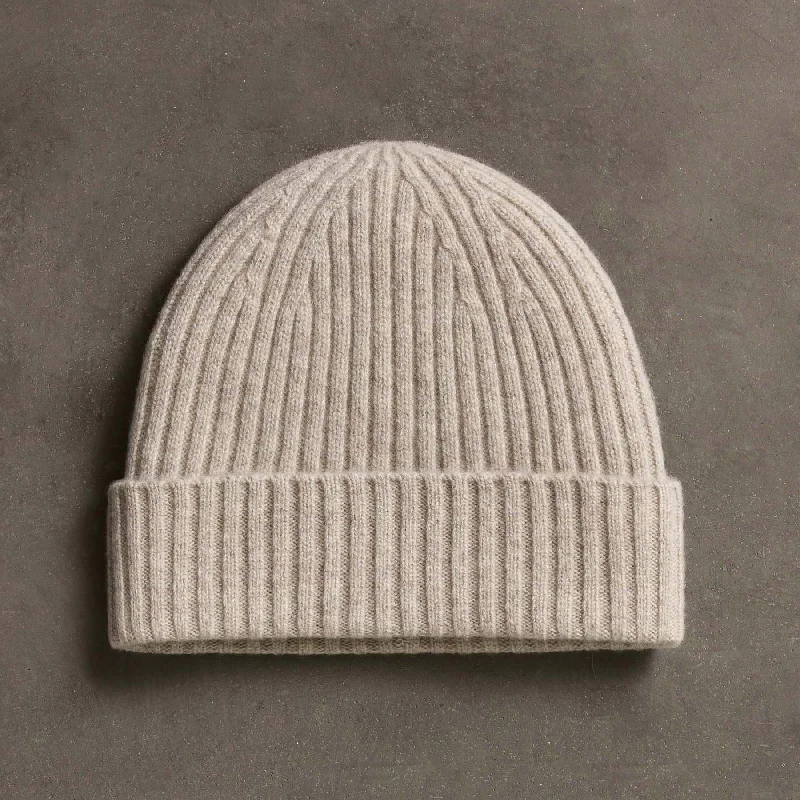 Lightweight cap for easy travel packing -Recycled Cashmere Ribbed Beanie - Stone