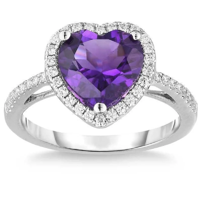 Rings with polished opal for iridescent beauty -8mm Heart Amethyst & Diamond Ring in White Gold