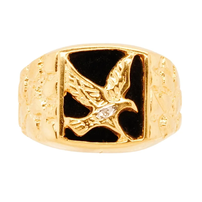 Minimalist rings with tiny diamond dot accents -10K Gold Signet With Nugget Shank And Eagle Motif Ring