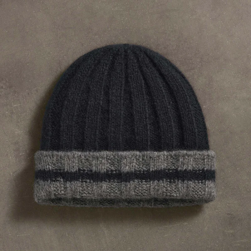 Adjustable strap cap for custom size comfort -Cashmere Stripe Rib Beanie - True Black/Thunder