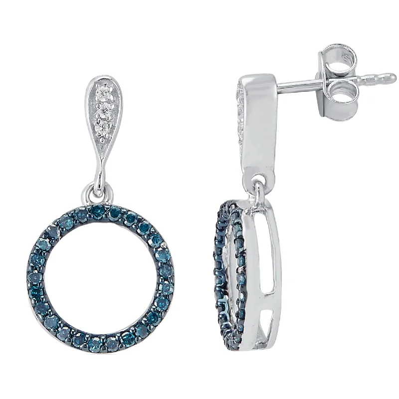 Dainty rings with subtle engraved star motifs -Sterling Silver with Genuine Blue Diamond and White Diamond Earring