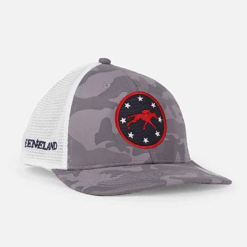 Premium cap with leather strap accent -Ahead Keeneland Camo Flex Trucker Cap