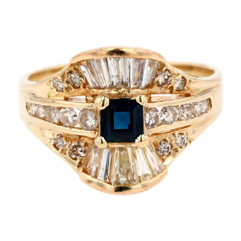 Rings with knot motifs for symbolic love -14K Gold Asscher Cut Blue Center Stone With Diamond Ballerina Skirt Halo Ring