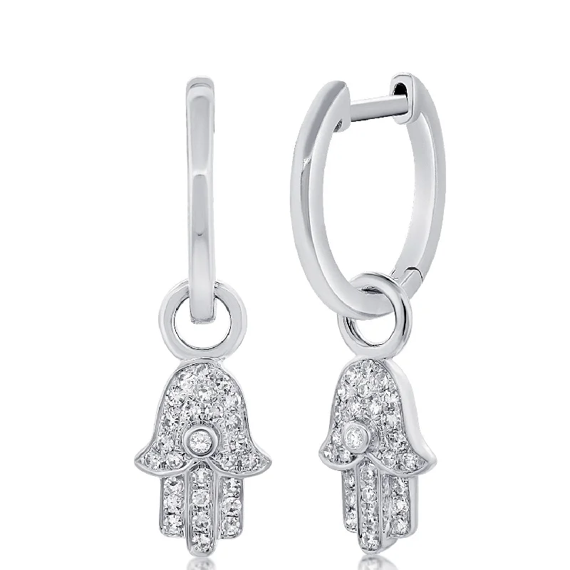 Rings with floral halo diamond arrangements -Joelle Collection Diamond Hamsa Earring Hand of G-d 14K White Gold