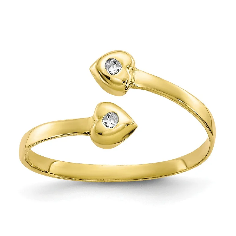 Rings with citrine stones for sunny vibes -Cubic Zirconia Twin Hearts Bypass Toe Ring in 10K Yellow Gold