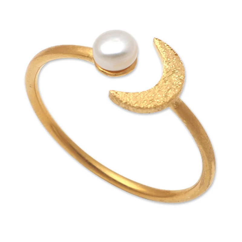 Rings with crescent moon for lunar charm -Novica Handmade By The Moon In Gold Gold-Plated Cultured Pearl Cocktail Ring