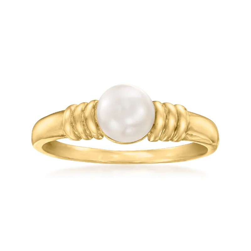 Rings with hammered silver for rustic appeal -Canaria 6-7mm Cultured Button Pearl Ribbed Ring in 10kt Yellow Gold