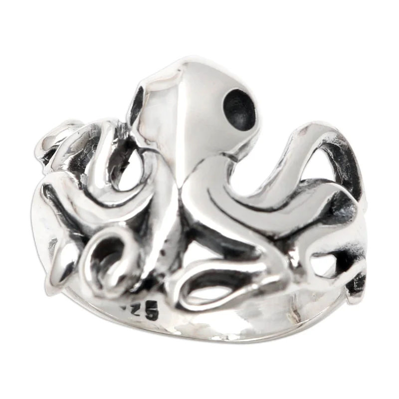 Rings with spiral designs for eye-catching twist -Novica Handmade Octopus Friend Sterling Silver Cocktail Ring