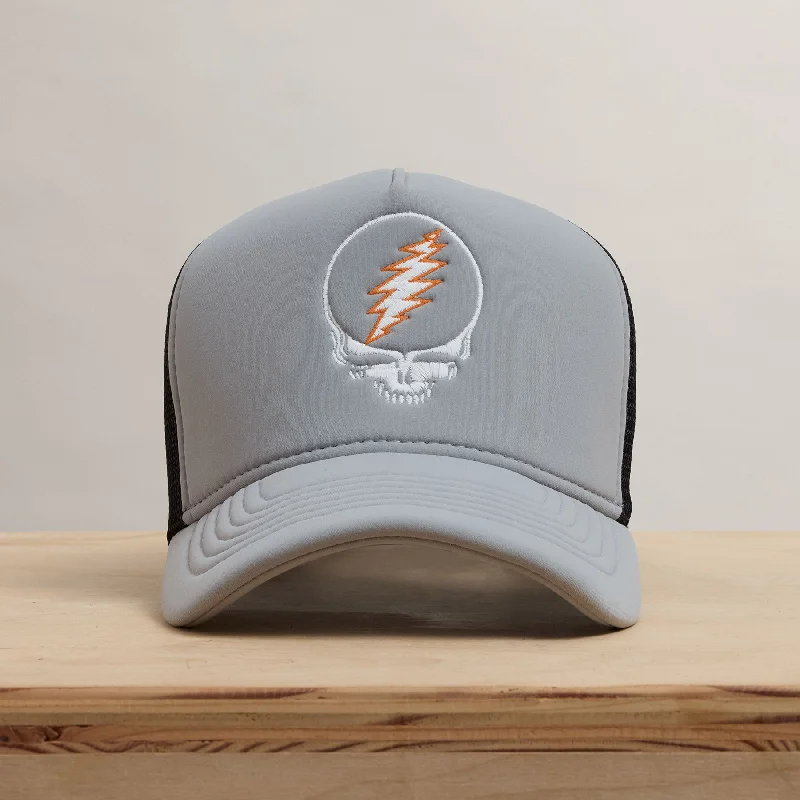 Embroidered cap with custom team initials -Grateful Dead Skull Embroidery Trucker - Pale Grey