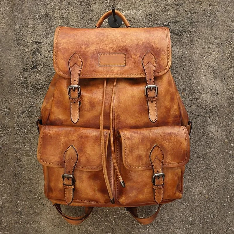 Men's Cow Leather Large Capacity Brown Casual Travel Backpack Bag