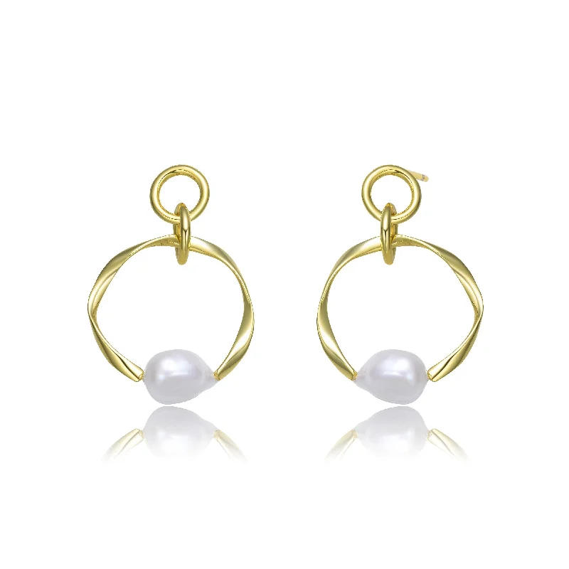 Best hoop earrings with geometric hexagon shapes for a modern, angular look-Brigitte Double Golden Ribbon Pearl Earrings