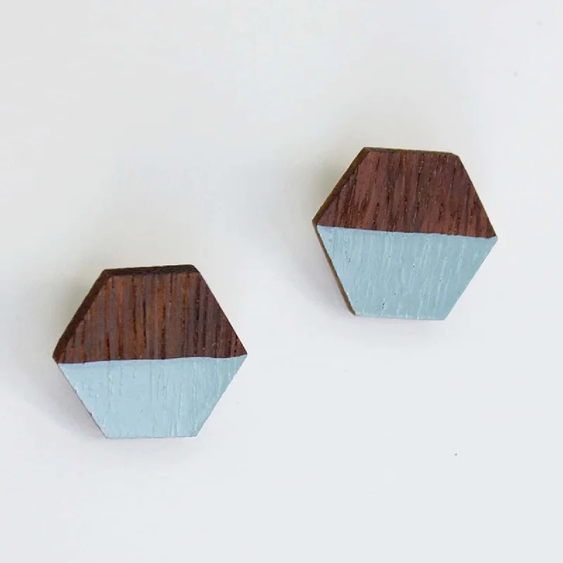 Hoop earrings with intricate designs for a unique and artistic appearance-Hexagon Wooden Post in Baby Blue