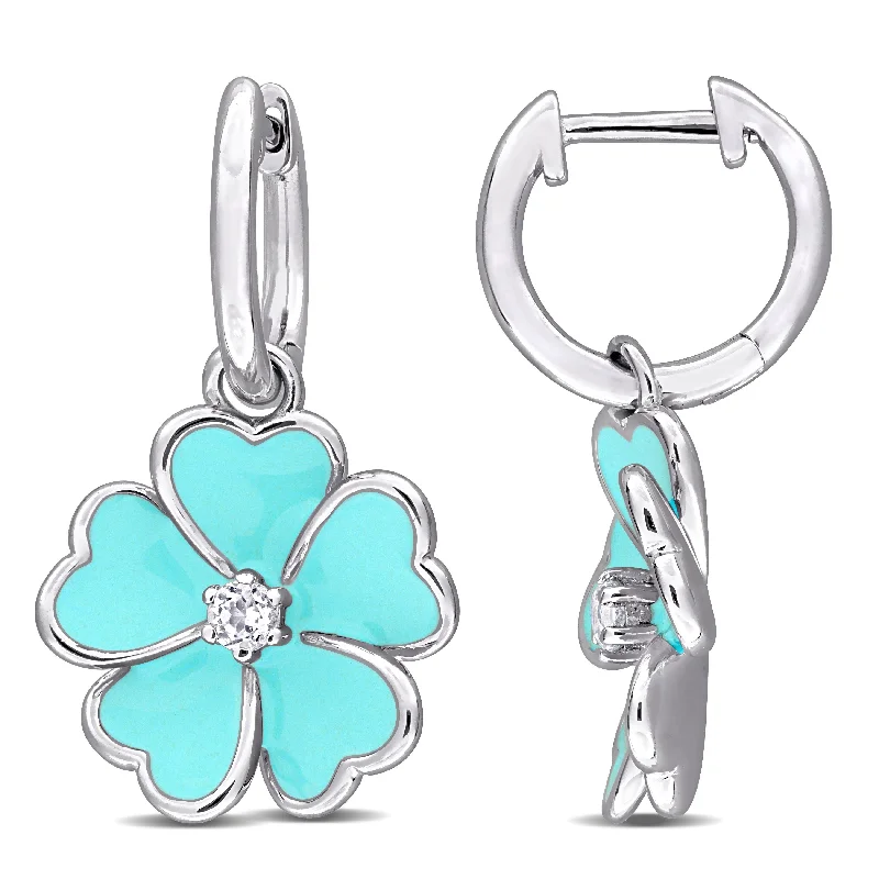 Best hoop earrings with matching bracelets for a coordinated jewelry set-Mimi & Max 1/6ct TGW White Topaz Light Blue Enamel Plated Flower Hoop Earrings Sterling Silver